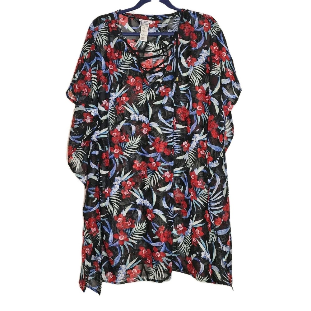 Tommy Bahama GUC Tropical Floral Lace Up‎ Cover Up Tunic L/XL Boho Resort